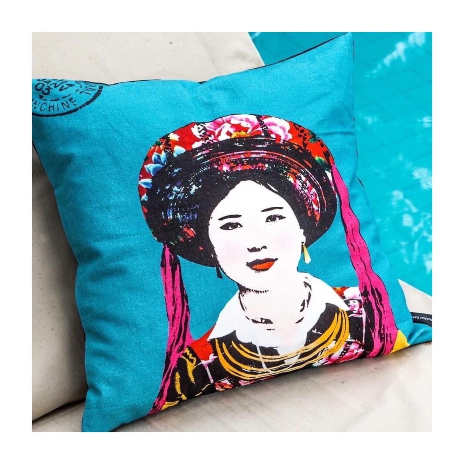 Heritage Portrait Cushion Covers – 45x45 cm - Miss Dao (Blue) - detail close-up by Bat-trang