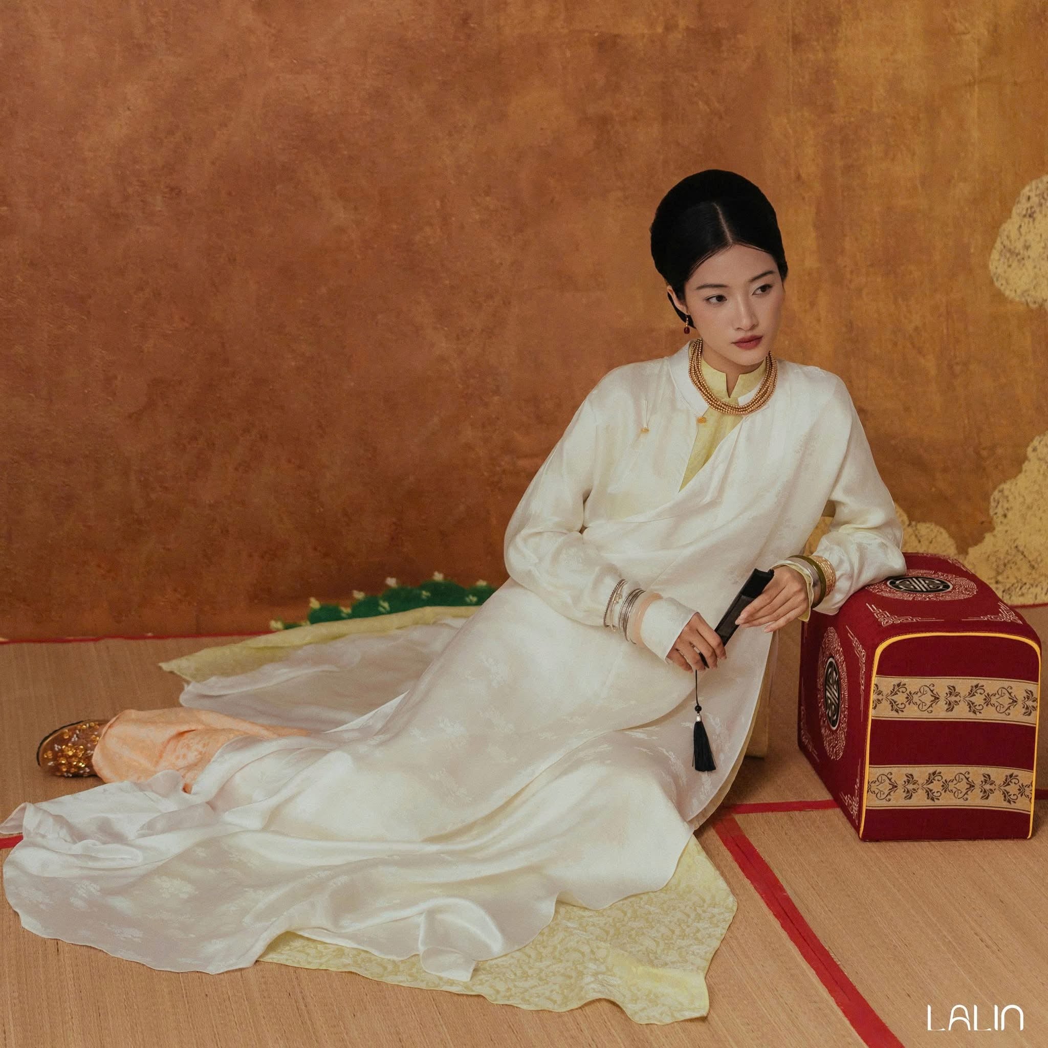 Nghi Giao Ao-dai Set – Luxury Double-layer Hand-Embroidered WormSilk in White [Wedding Collection] by Lalin - close-up of premium silk fabric and artisan craftsmanship, premium Vietnamese silk clothing