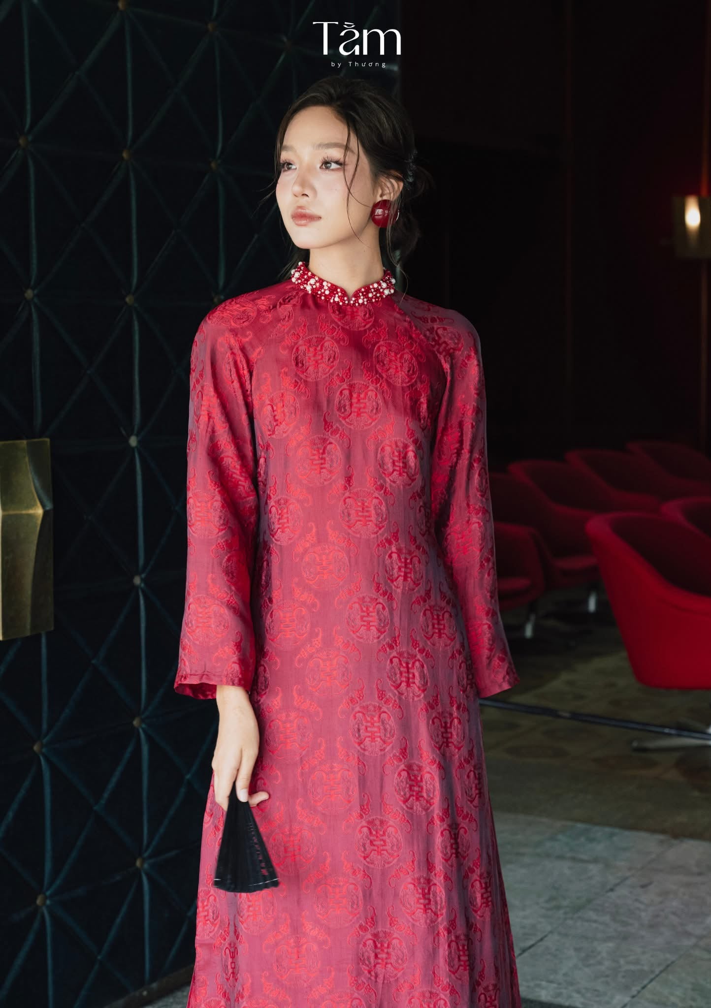 Vietnamese Ao Dai - Dao Đài - Wormsilk Modern Ao Dai Set with beaded Collar in Deep Red - front view in brocade in red by Tam