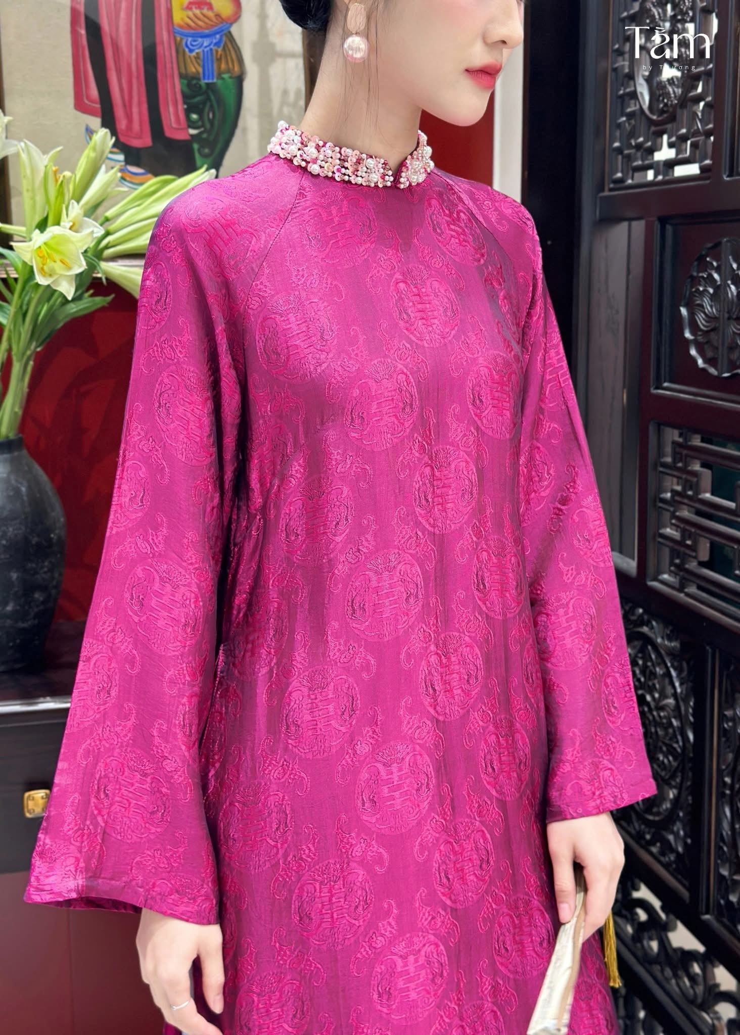 Dao Đài - Wormsilk Modern Ao Dai Set with beaded Collar in Deep Magenta - side profile by Tam
