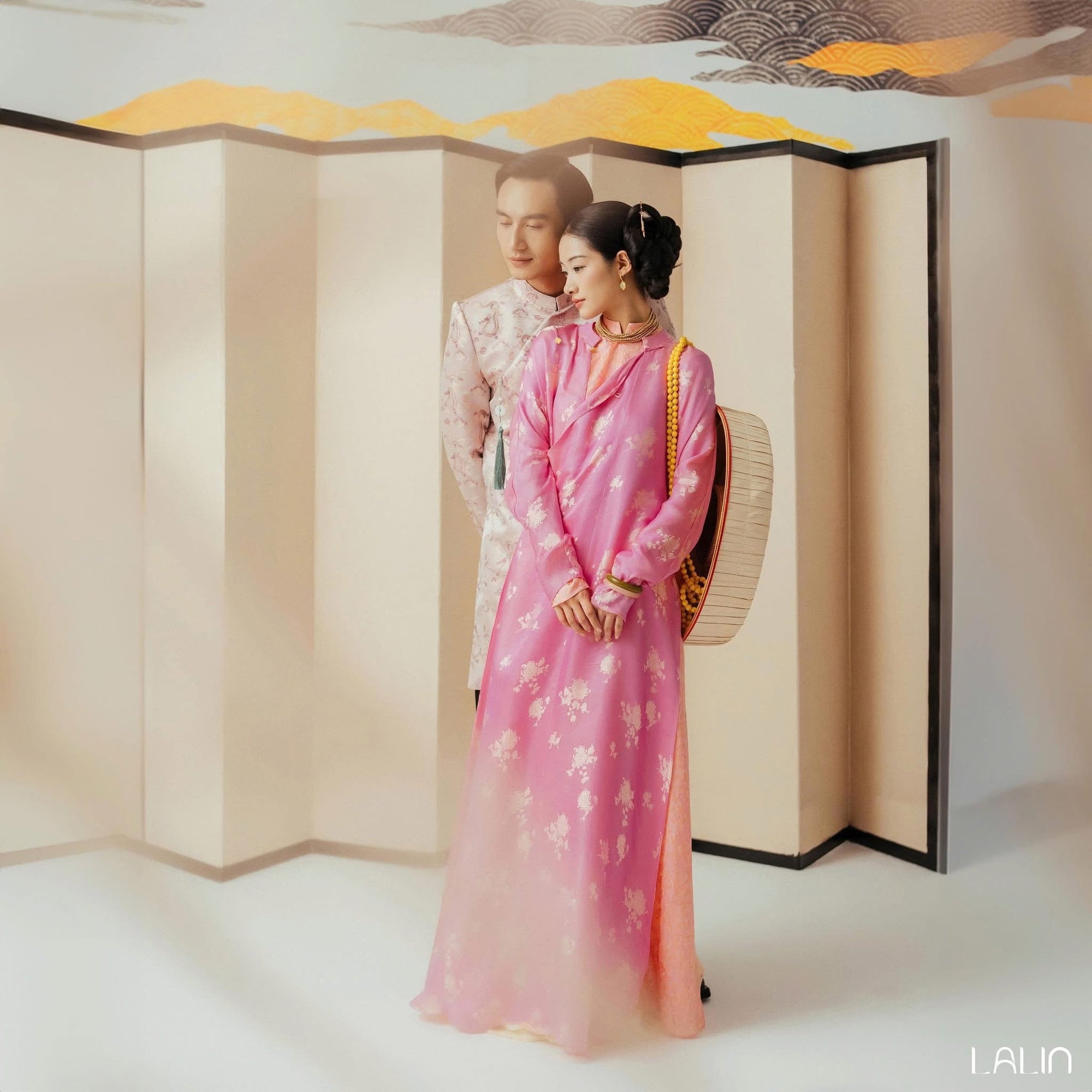 Cam Giao Ao-dai Set – Luxury Double-layer Hand-Embroidered WormSilk in Pink [Wedding Collection] by Lo Boutique - full ensemble view showing complete traditional styling, premium Vietnamese wormsilk clothing