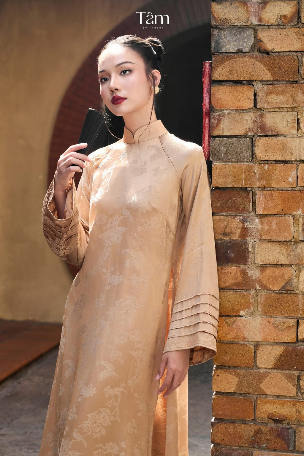 Phuong Luu Ao-dai Set - Pleated Sleeve in Hangzhou silk in Antique Sand Brown - front view by Tam