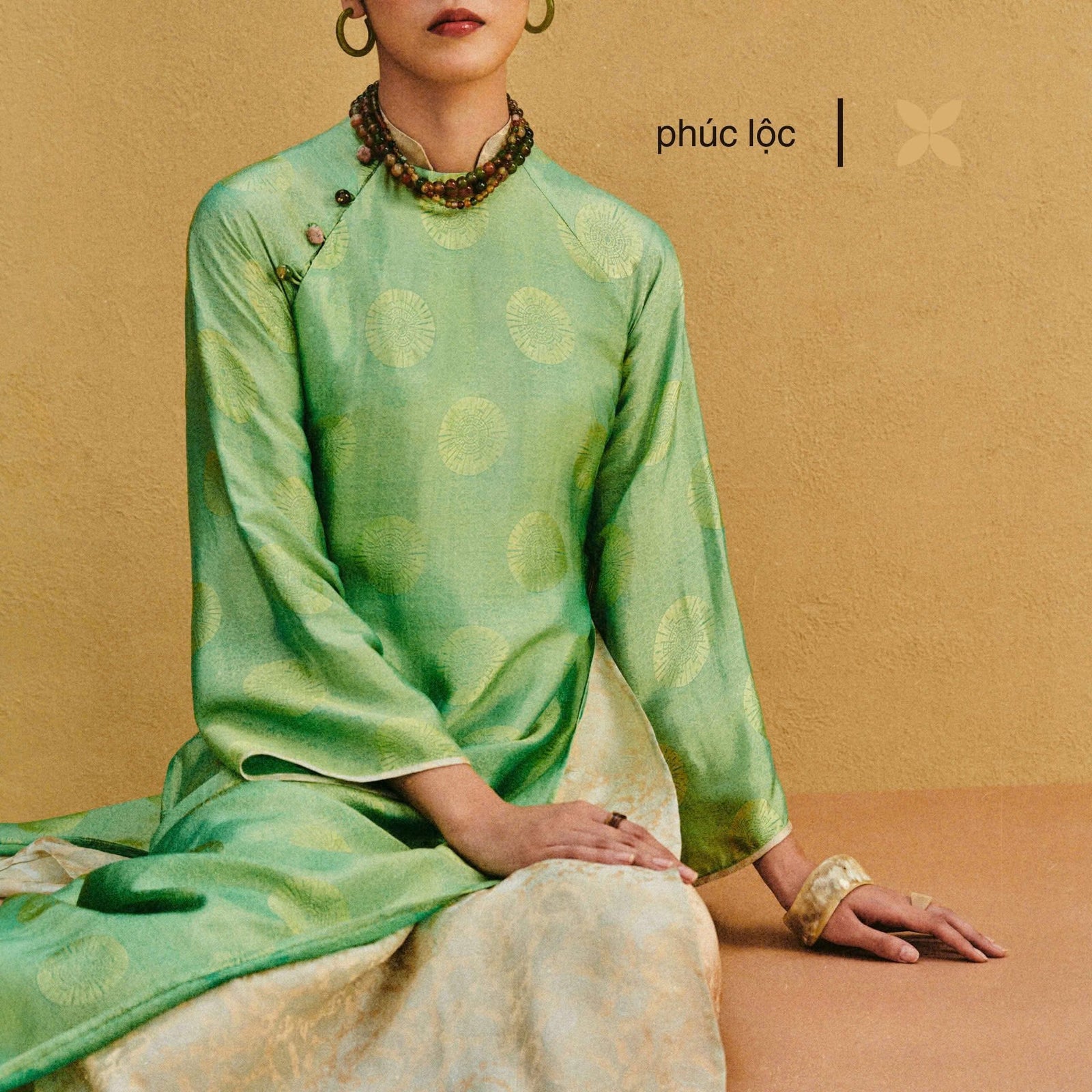 Vietnamese Ao Dai - Verdant Echo Ao Dai Set – Premium Jacquard Silk in Celadon - front view in green by Lo Boutique
