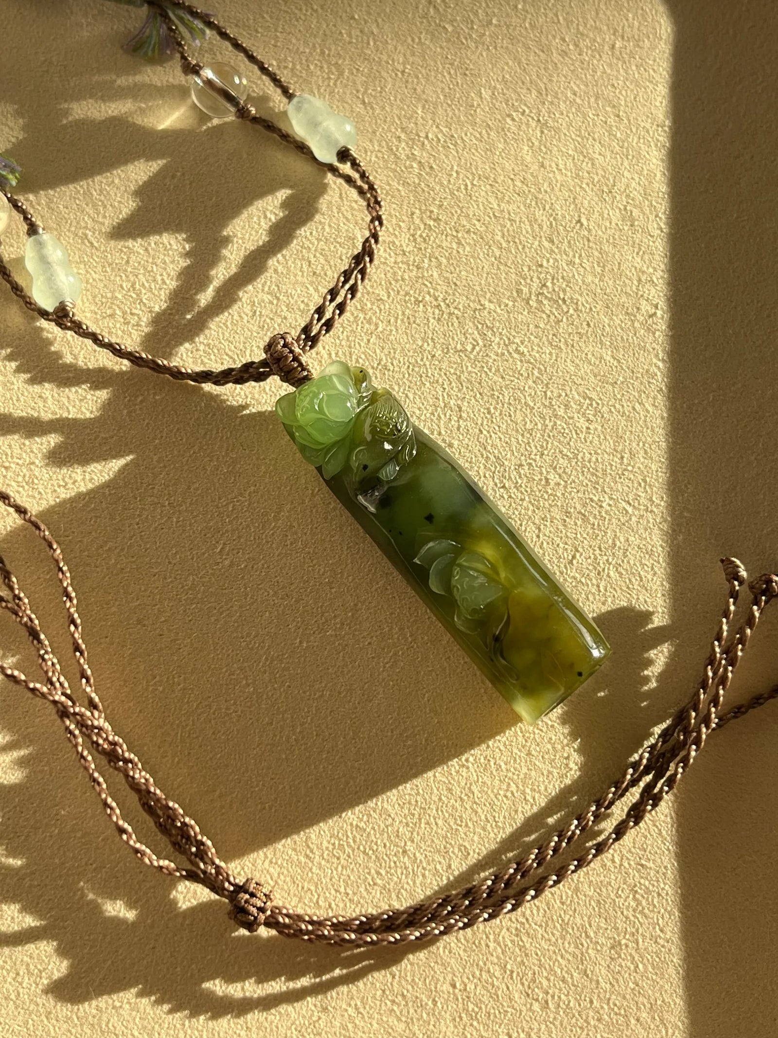 “Song of the Lotus” - Hand Carved Green Hetian Jade Lotus and Magpie Pendant | 手雕和田碧玉喜鹊荷花吊坠