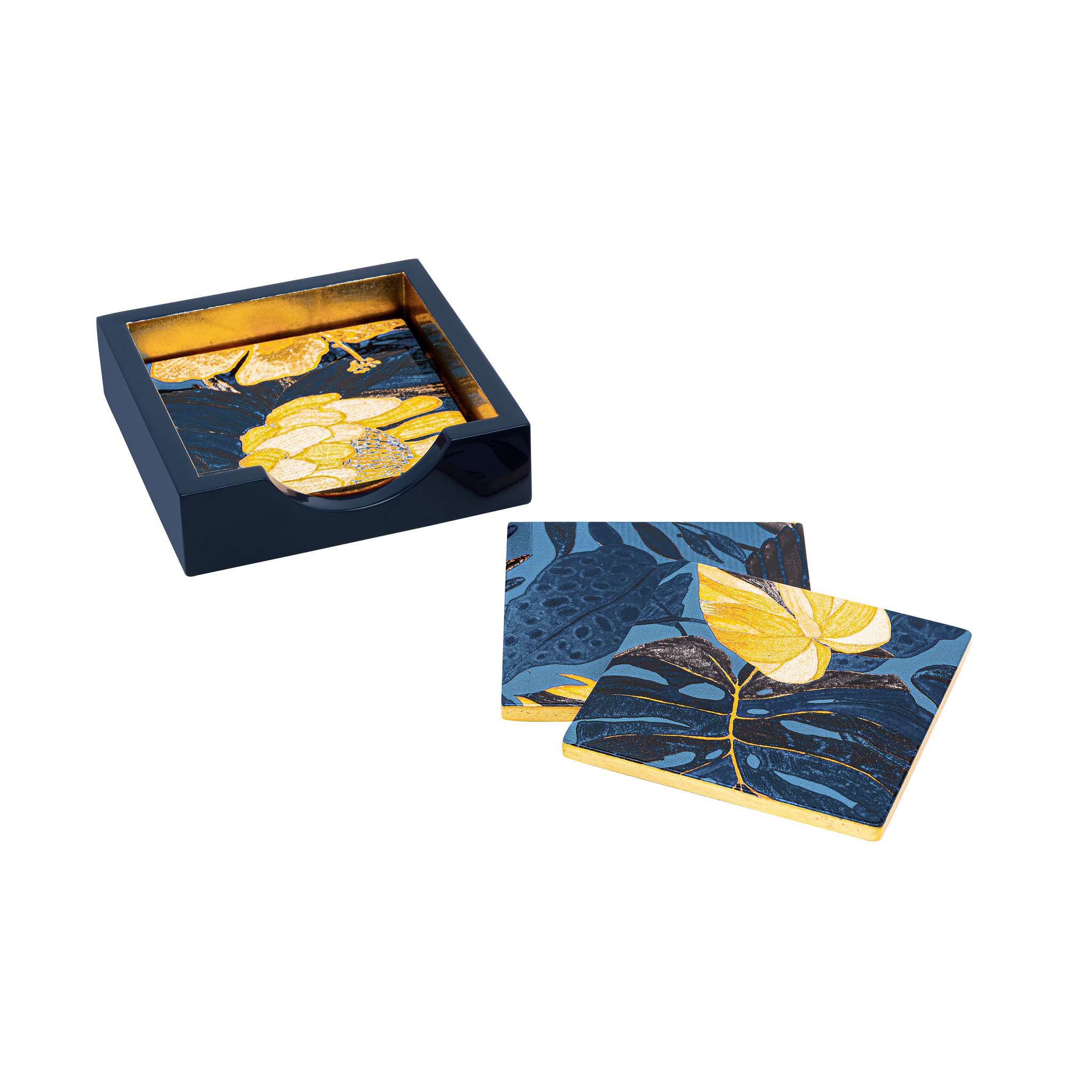 "Tropical Mosaic" Vietnamese lacquer coaster set by Bat-trang, modern red and gold design.