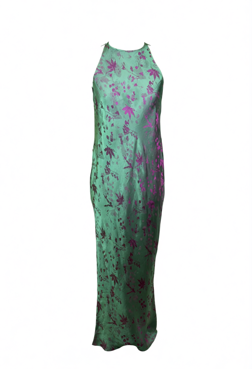 Silk Pattern - Radiance in Silk Slip Dress – Green & Pink - side profile in green by Lo Boutique