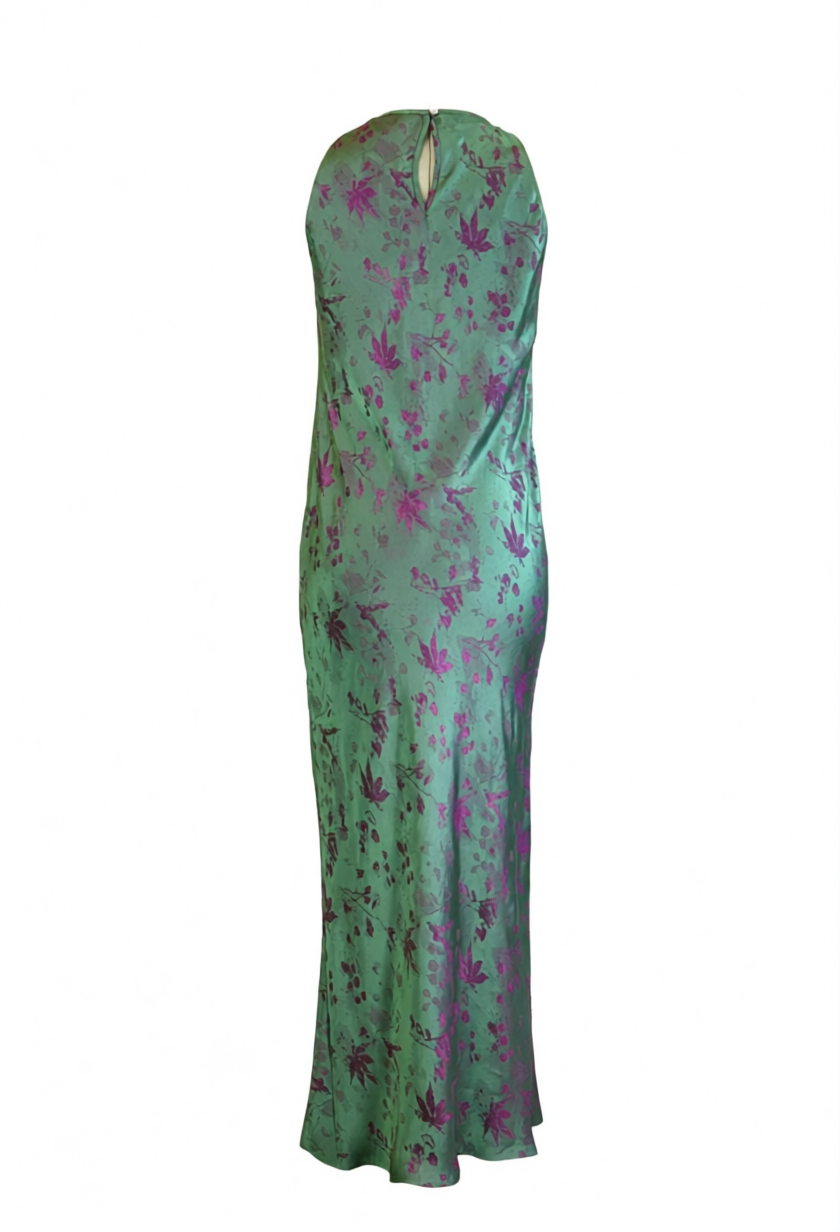 Silk Pattern - Radiance in Silk Slip Dress – Green & Pink - back view in green by Lo Boutique