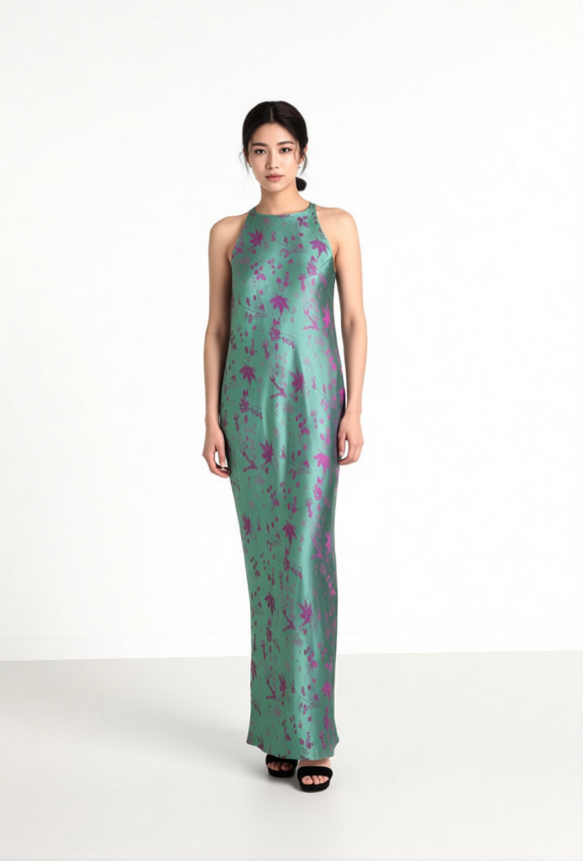 Radiance in Silk" Slip Dress – Green & Pink - Side view - Traditional Vietnamese craftsmanship
