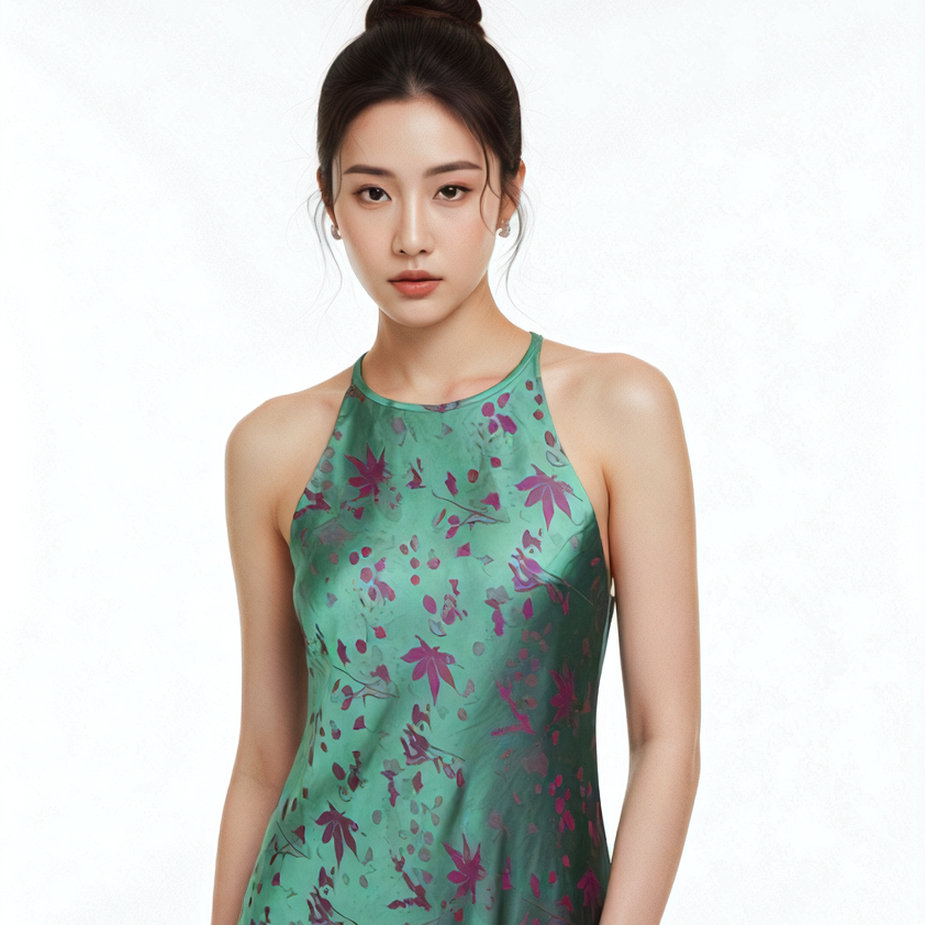 Vietnamese Embroidery - Radiance in Silk Slip Dress – Green & Pink - front view in green by Lo Boutique