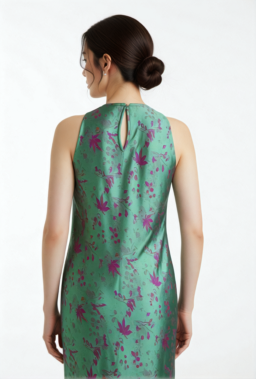 Radiance in Silk" Slip Dress – Green & Pink - Detail shot - Handcrafted Vietnamese design