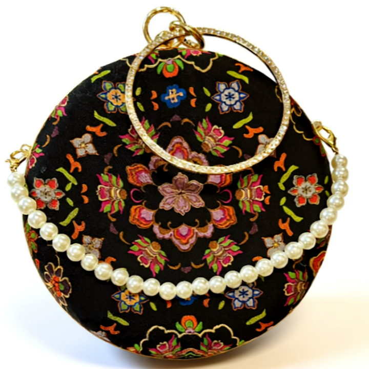 “Nguyệt Tú” – Silk Brocade Round Clutch with Metal Handle - detail close-up by Moc - Bags