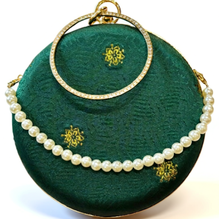 “Nguyệt Tú” – Silk Brocade Round Clutch with Metal Handle - detail close-up by Moc - Bags