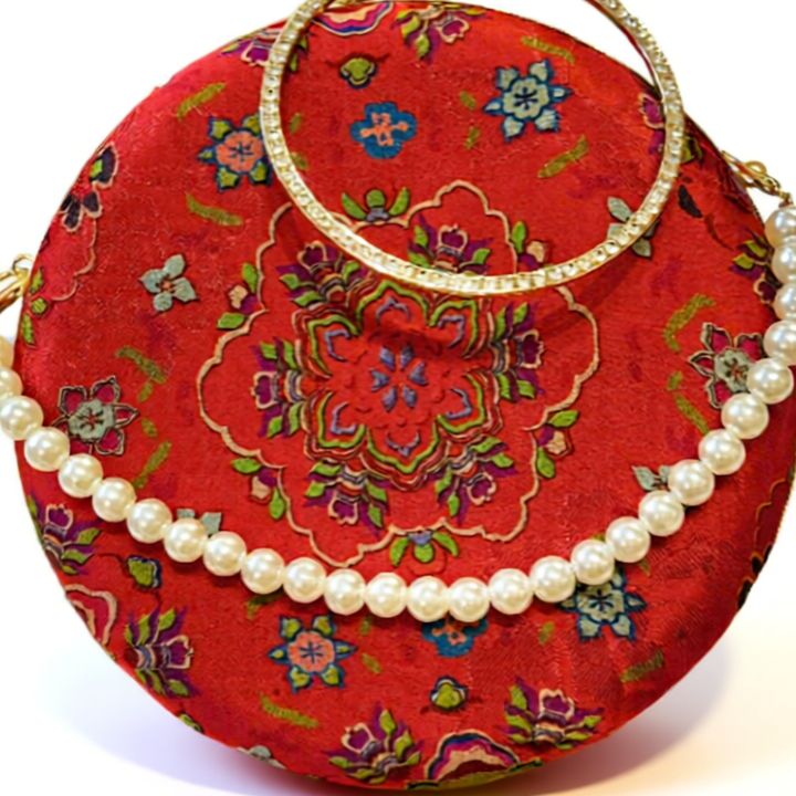 Traditional Motif - “Nguyệt Tú” – Silk Brocade Round Clutch with Metal Handle - detail close-up in red by Moc - Bags