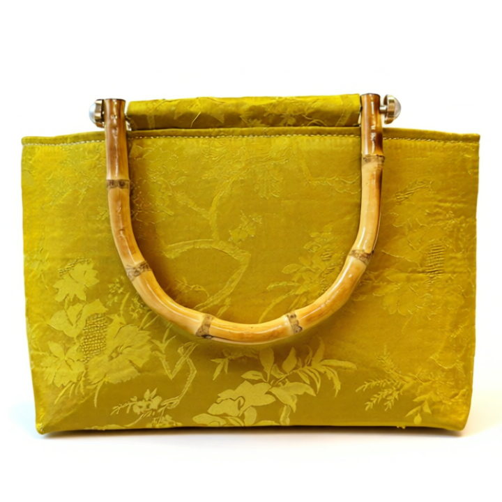 Traditional Motif - “Tú Trúc” – Silk Brocade Handbag with Bamboo Handle - front view in yellow by Moc - Bags
