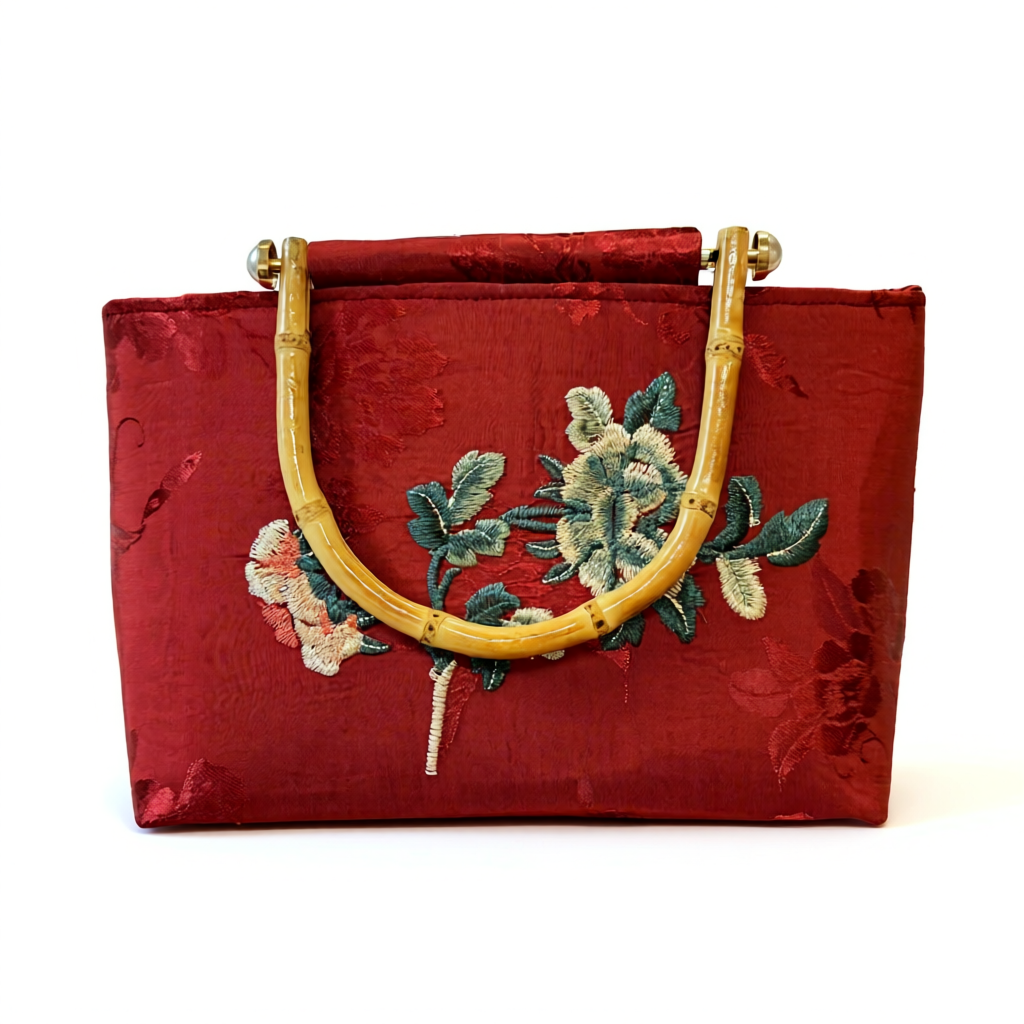 “Khả Trúc” – Embroidery Viscose Handbag with Bamboo Handle - front view by Moc - Bags