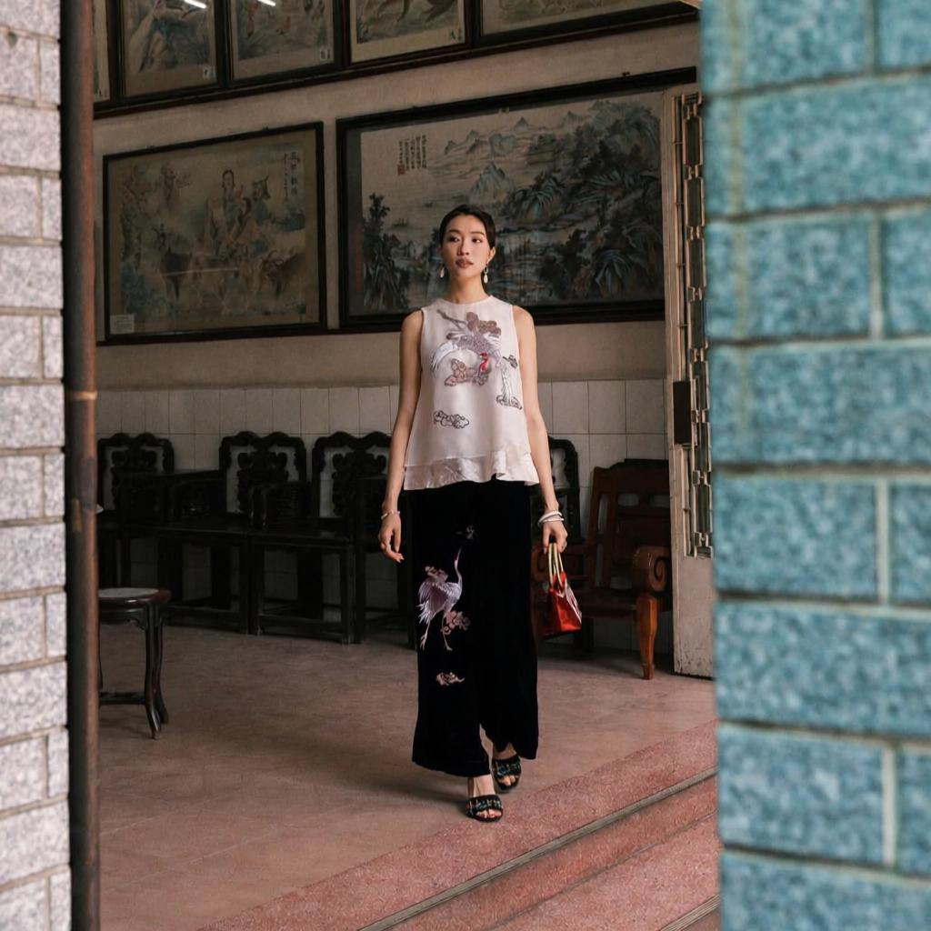 Hạc Vân - Embroidered Velvet Handbag with Hand-cast Brass Handle - styled presentation by Tho