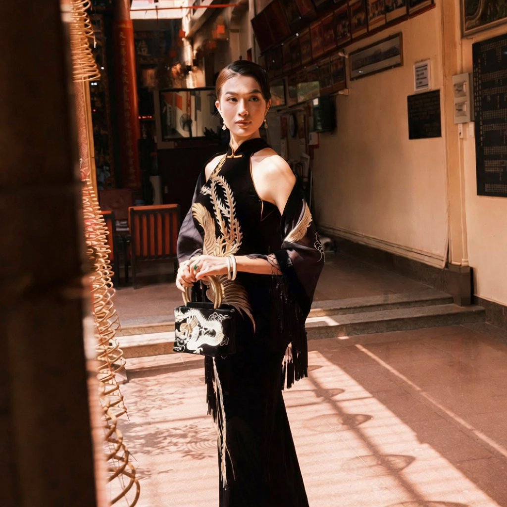 Vietnamese Embroidery - Uyển Long - Embroidered Velvet Handbag with Brass Handle - front view in black by Tho
