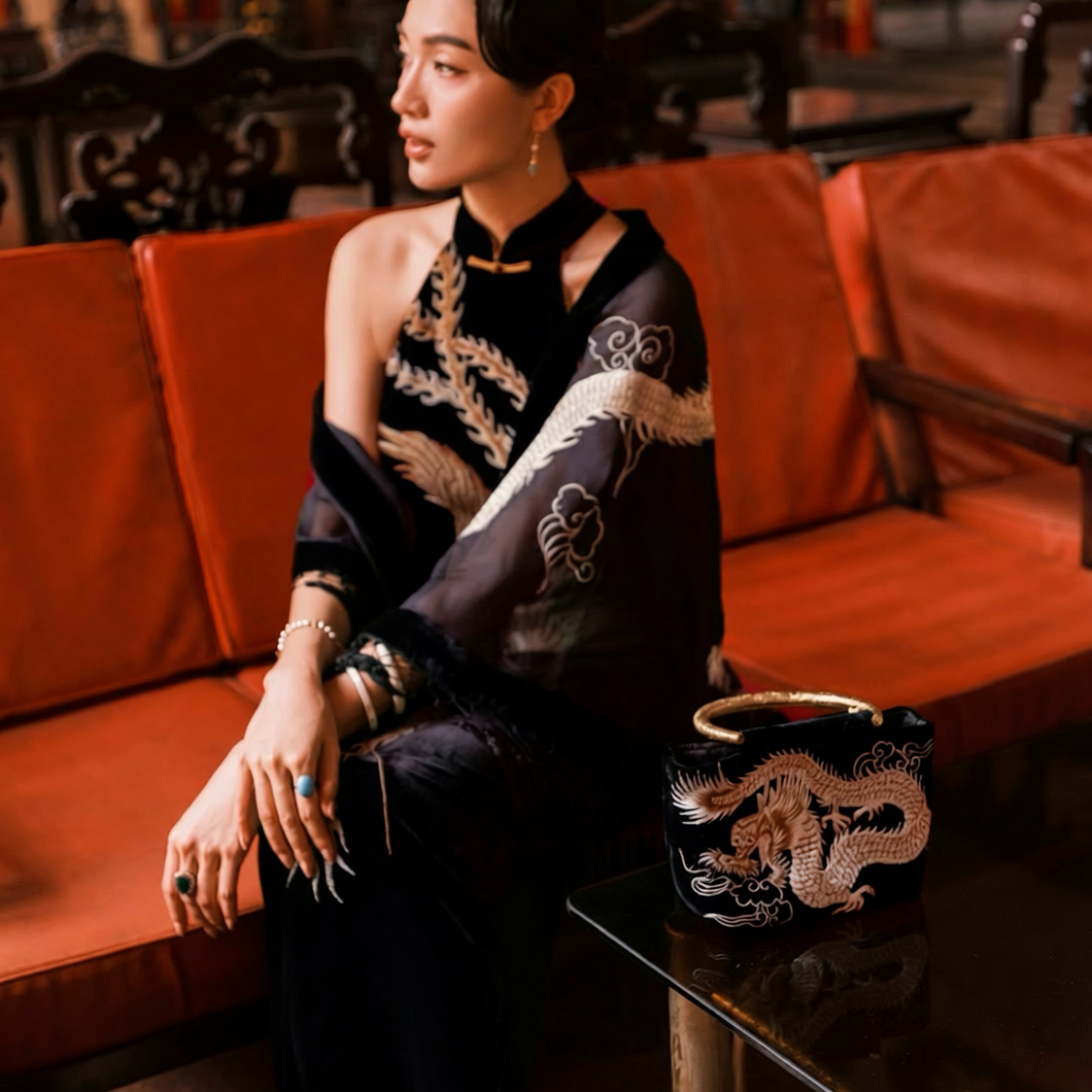 Vietnamese Embroidery - Uyển Long - Embroidered Velvet Handbag with Brass Handle - side profile in silk in black by Tho
