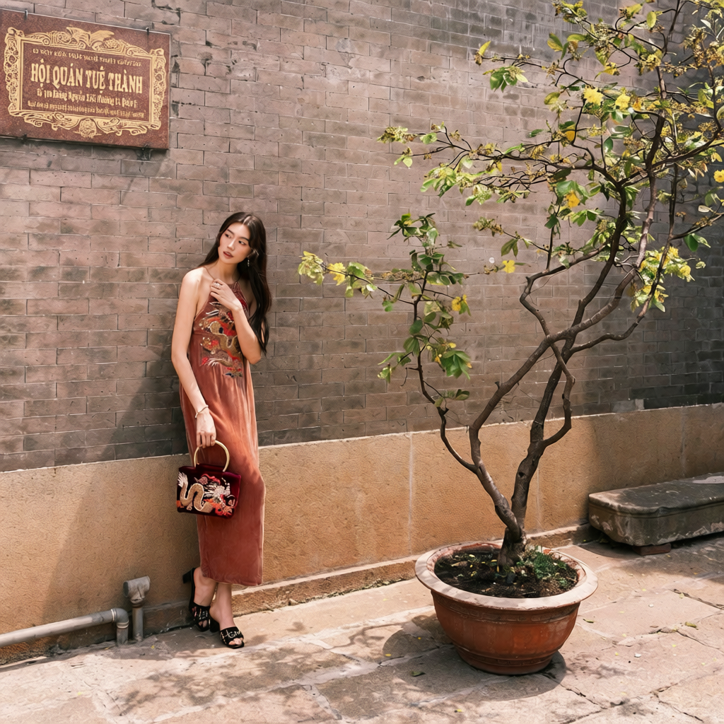 Vietnamese Embroidery - Uyển Long - Embroidered Velvet Handbag with Brass Handle - styled presentation in brown by Tho