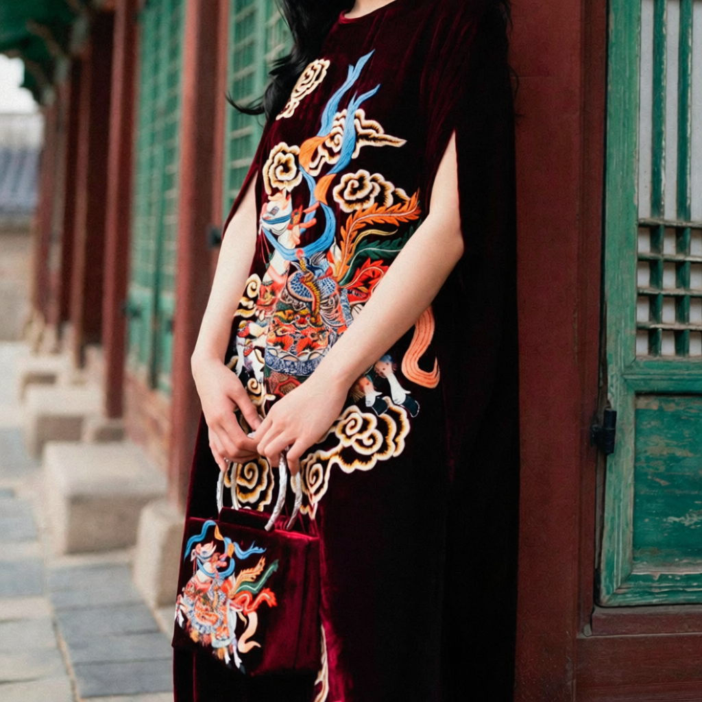 Vietnamese Embroidery - Long Phụng Mã - Embroidered Velvet Handbag with Brass Handle - front view in dark red by Tho