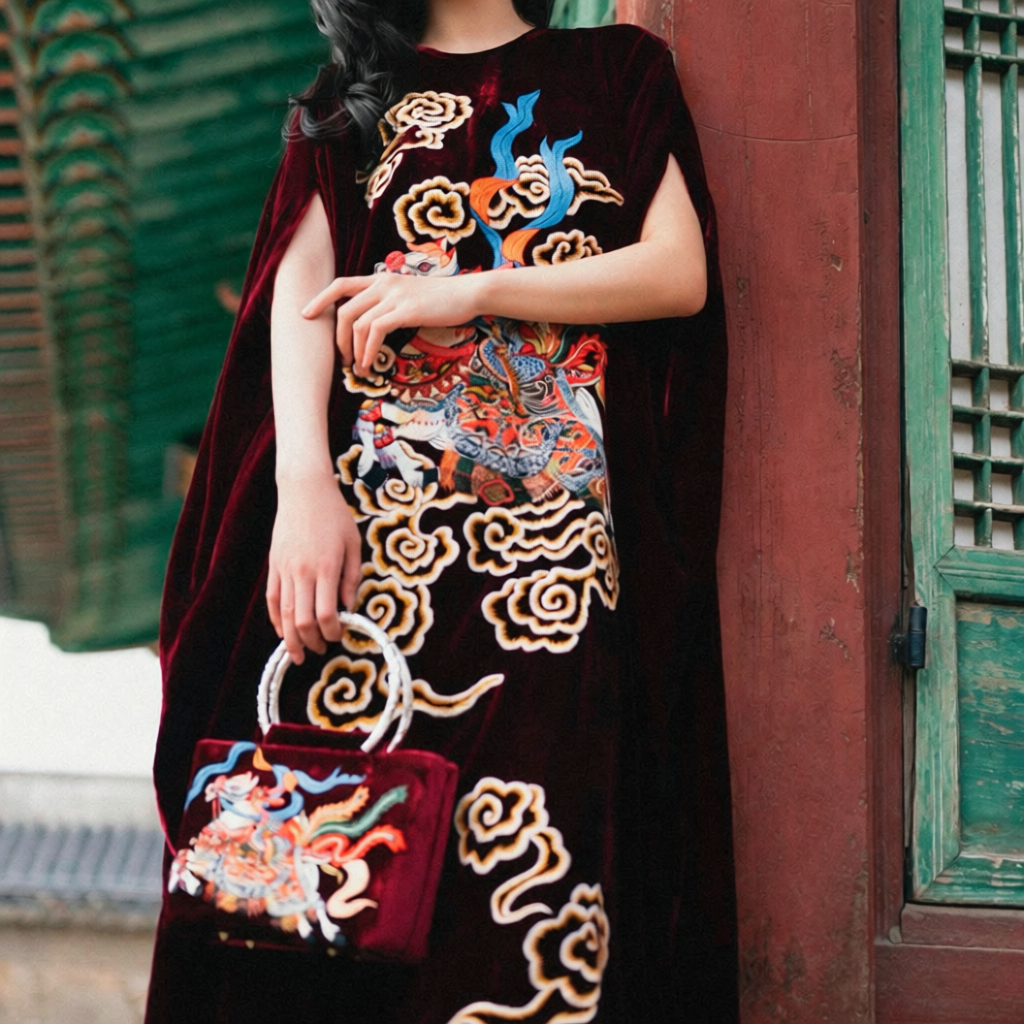 Vietnamese Embroidery - Long Phụng Mã - Embroidered Velvet Handbag with Brass Handle - front view in dark red by Tho