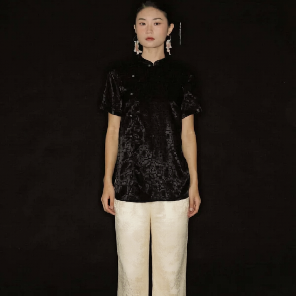 Tinh Duyen Set - Mandarin Top in Black & wide-leg pants with Jacquard weave - front view by Hy Phuong