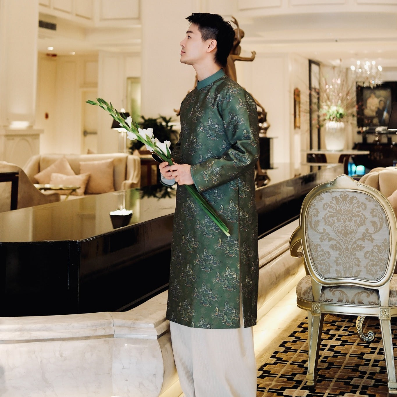 MÃ LỤC VÂN Men's Áo Dài - Printed Silk in Deep Jade Green - side profile by Maison LONG