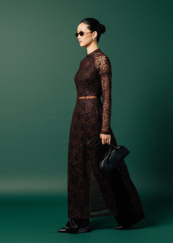 [Limited Edition] Dusk Serenity Ao Dai Set – Luxury Lace with velvet pants - side profile in brown by Entropy Boutique