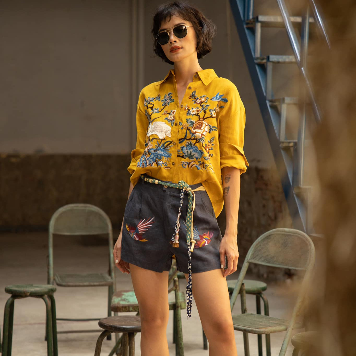 Vietnamese Embroidery - Crane - Limited Edition - Embroidered Linen shirt - front view in yellow by Huulala