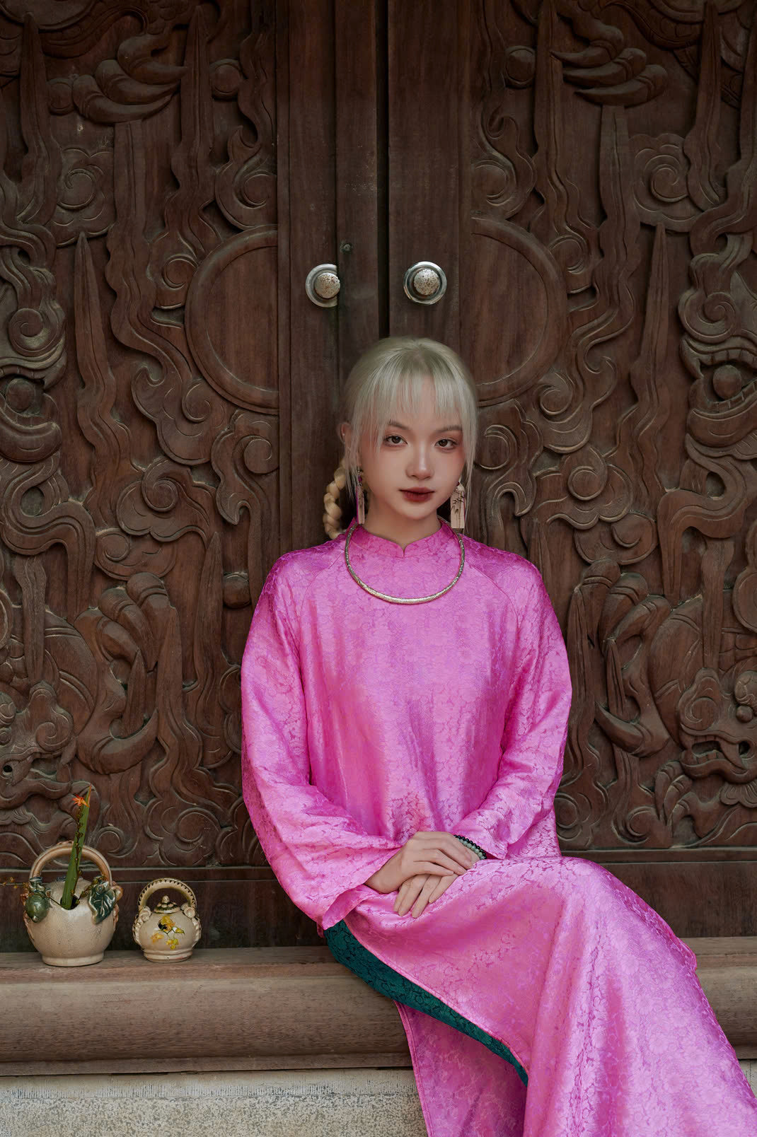 Vietnamese Ao Dai - Cuc Hoa Ao Dai set - Wormsilk in Pink [Traditional Cut] - front view in brocade in pink by Moc