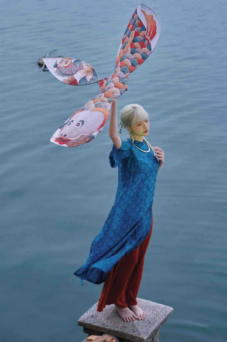 "Cuc Hoa" Ao Dai set - Wormsilk in Saphire