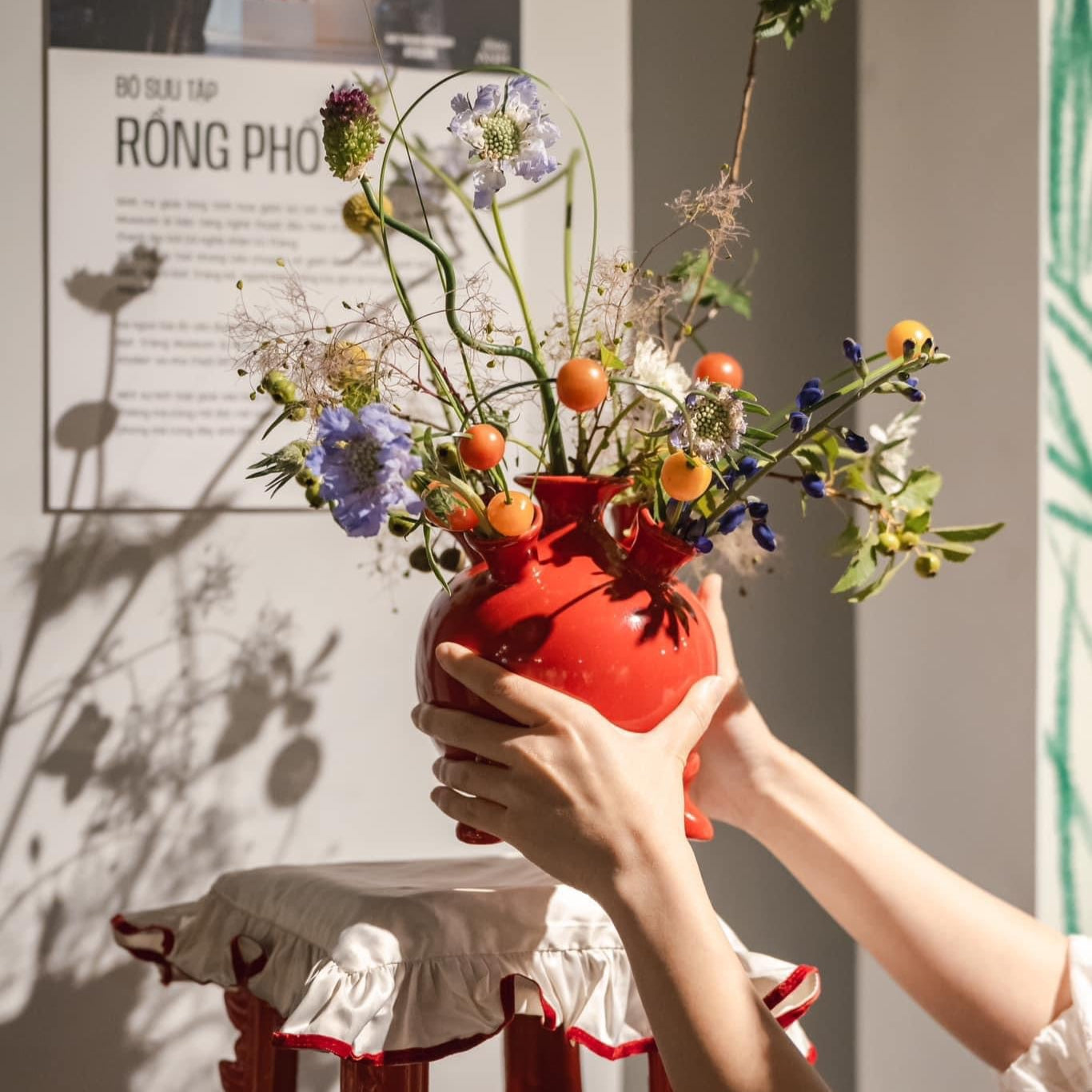 Vietnamese Lacquer - Bat Trang ceramics - 5-bulb Tulipiere Vase in Bright Red - styled presentation in red by Bat-trang