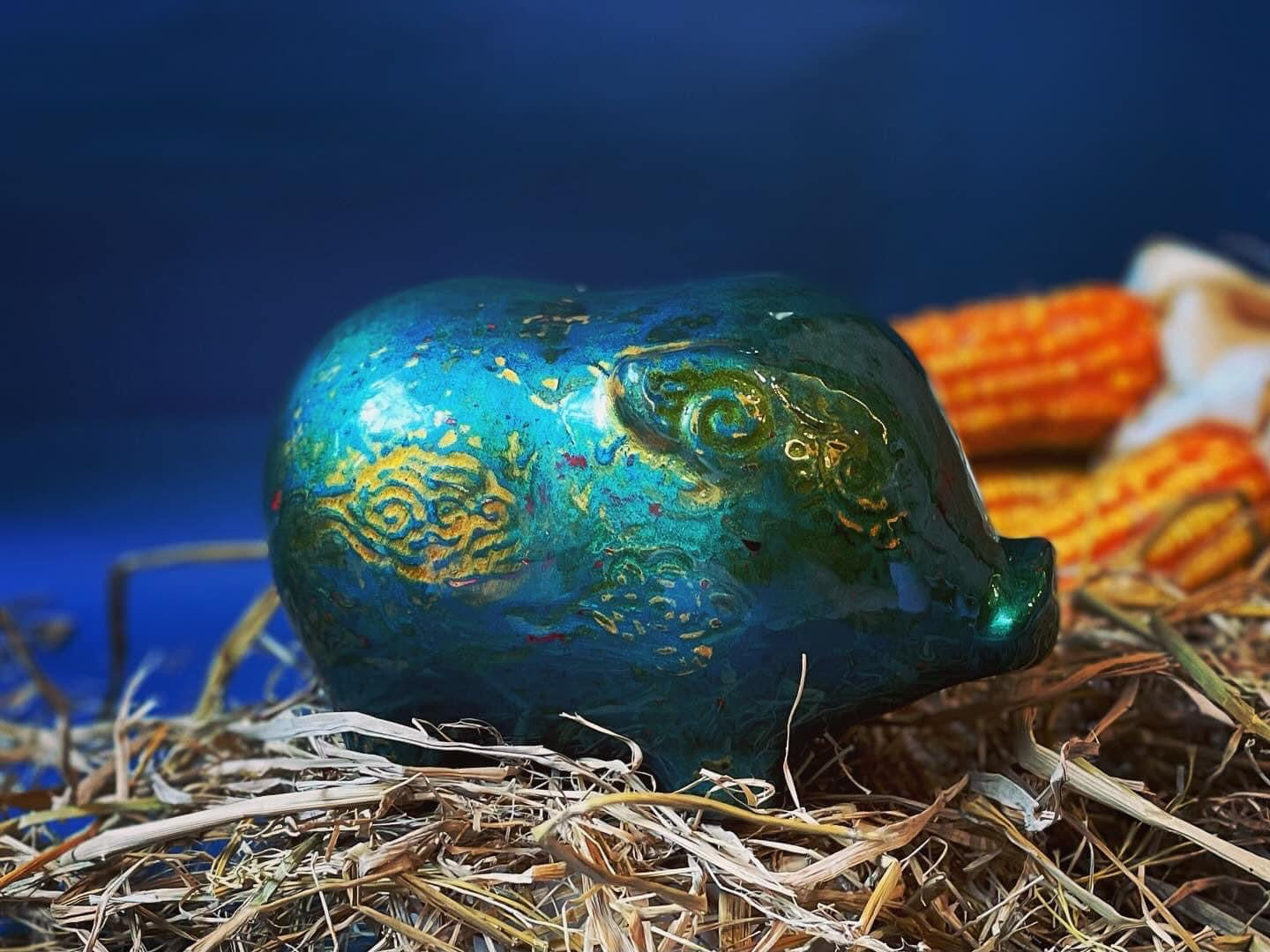 Vietnamese Lacquer - Ceramic Piggy in Lacquer - front view in blue by Lam Phong Pottery