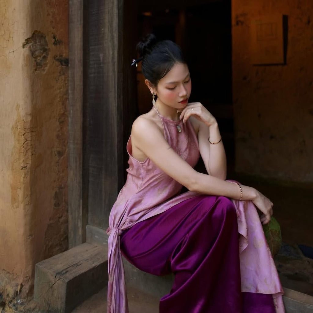 “Hiên Vỹ” Tunic Set – Hangzhou Silk Tunic Set in Dusklight Orchid - styled presentation by Lalin