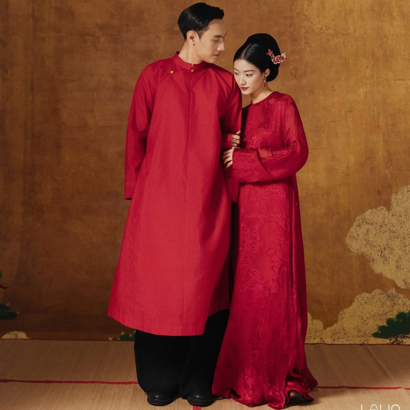 Vietnamese Ao Dai - Giao Hy Men's Ao-dai Pants – Raw-silk - styled presentation in red by Maison LONG
