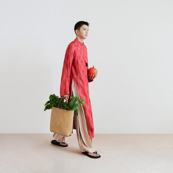 Gac Men’s Áo Dài Set - Tencel Silk in Loc Tho pattern with raw-silk pants - side profile by Lalin