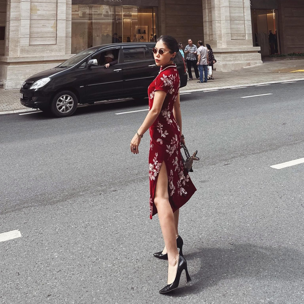 Vietnamese Embroidery - Crimson Peony Cheongsam - Velvet in Deep Red with embellishments - side profile in red by Saang