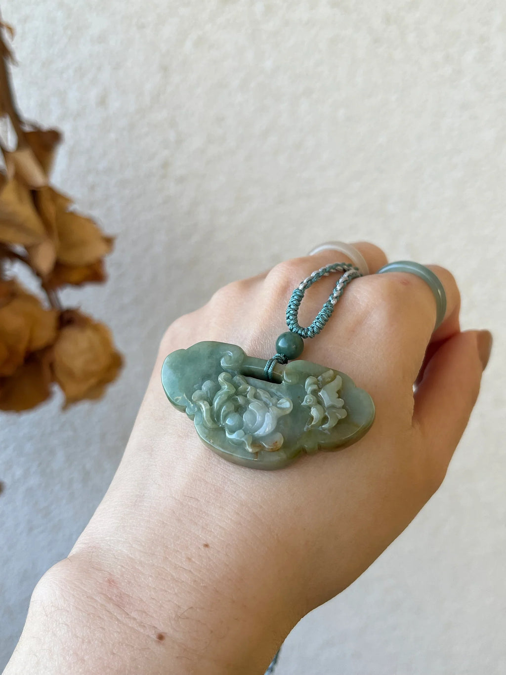 “Heirloom Wish” - Necklace Crafted from a Hand Carved Jadeite Peony Flower Ruyi Pendant - detail close-up by L'Orient Haus