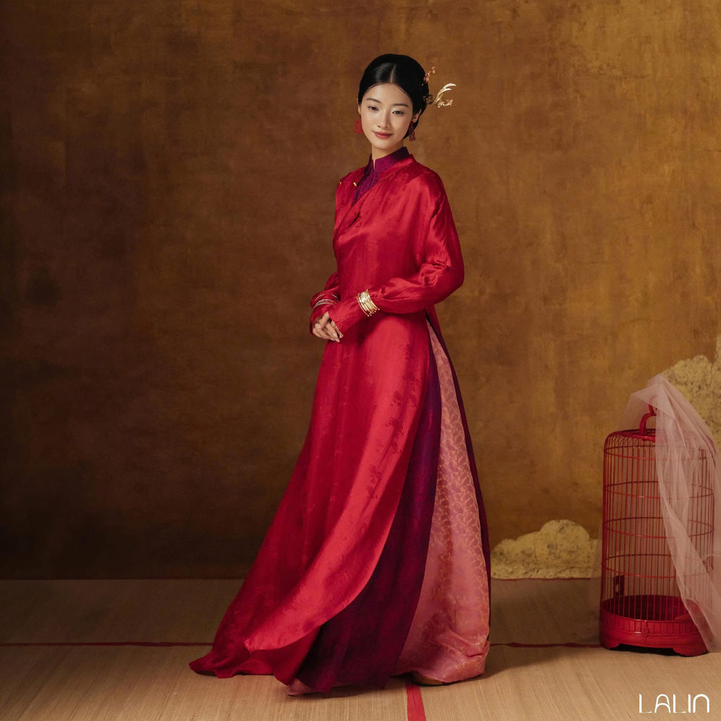 Thy Giao Ao-dai Set – Luxury Double-layer Hand-Embroidered WormSilk in Crimsom [Wedding Collection] by Lalin - side view highlighting elegant silhouette and fabric drape, premium Vietnamese silk clothing