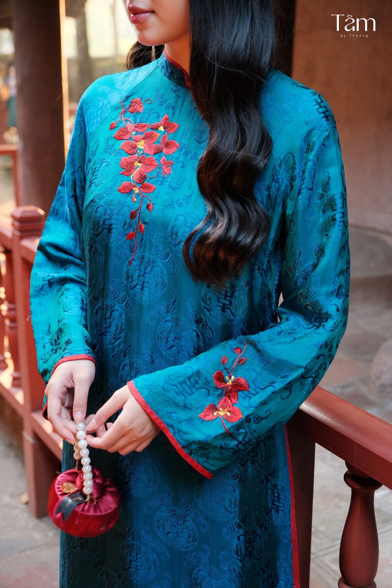 Thu Ky Ao-dai Set- Embroidered Double-layered Ao Dai Set in Duck-neck Teal Wormsilk - side profile by Tam