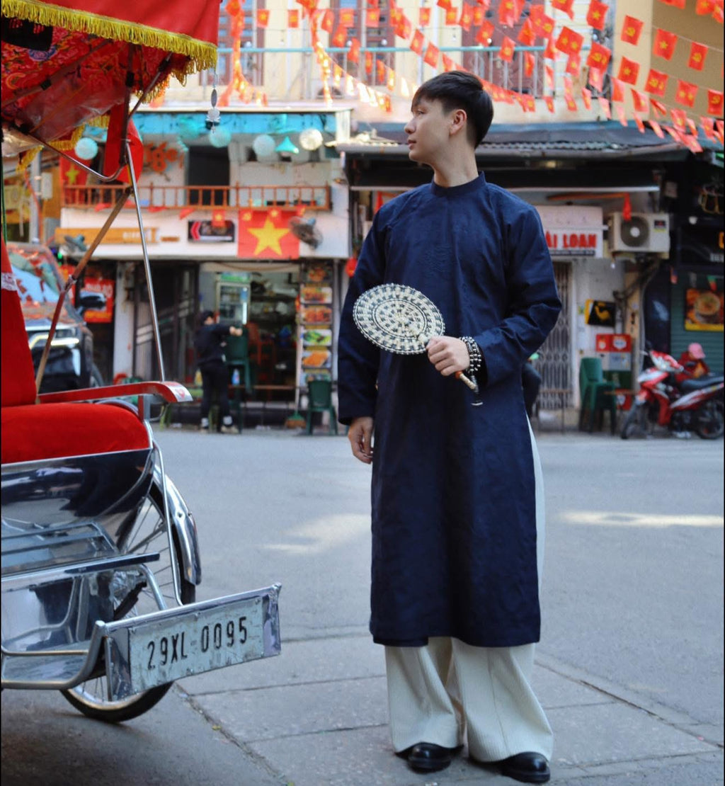 TAM PHƯƠNG – Men’s Hand-Embroidered Linen Áo Dài - styled presentation by Maison LONG