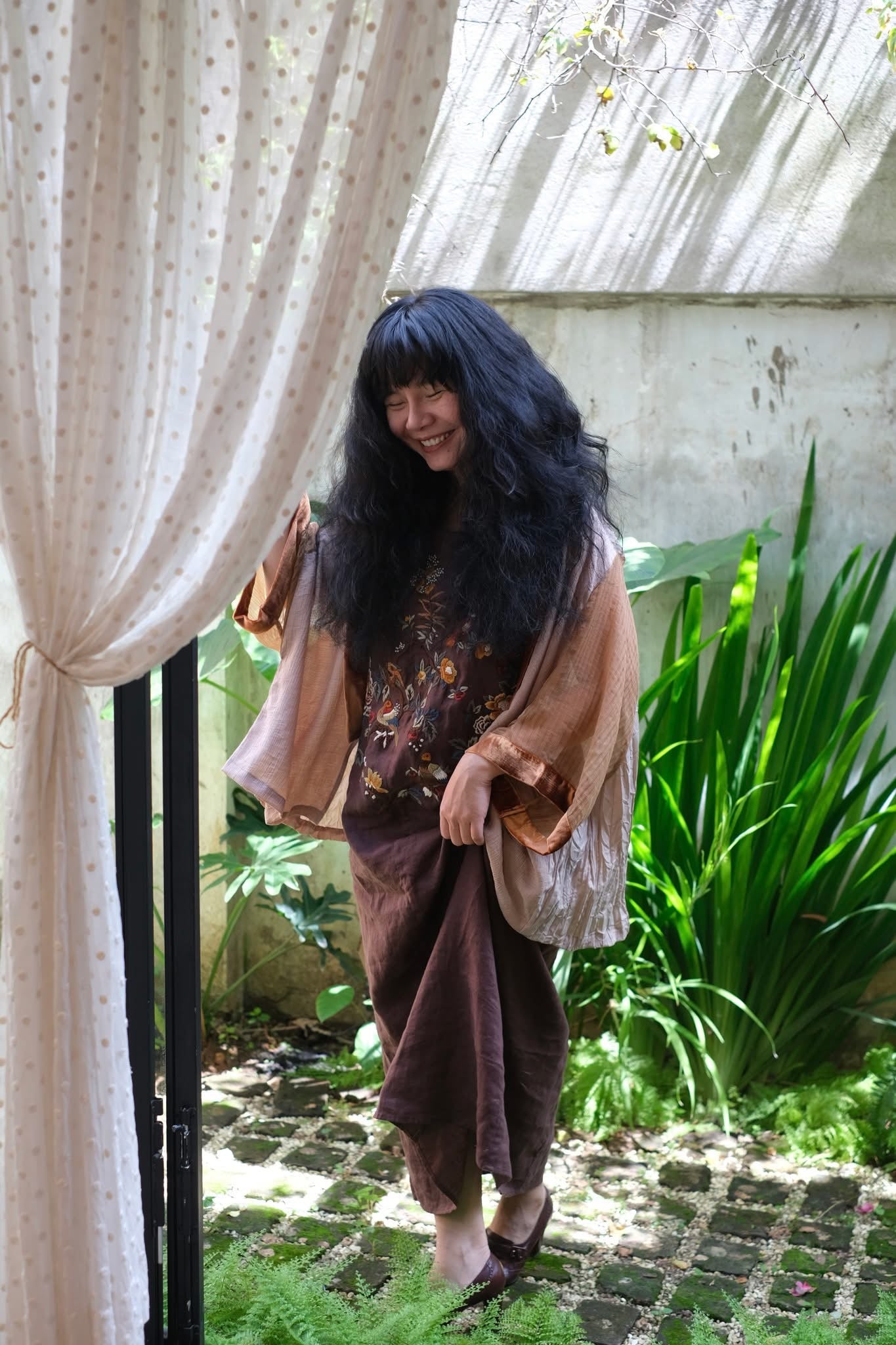 Yuki - Embroidered Chiffon Short Cardigan - Pink Shade with Orange Suede liner - styled presentation by Huulala