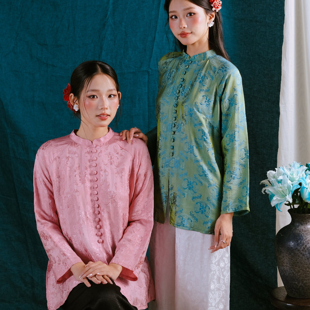 Vietnamese Ao Dai - “Hong Tra Ao Ba Ba – Wormsilk Top in Soft Blossom Pink - front view in brocade in pink by Moc