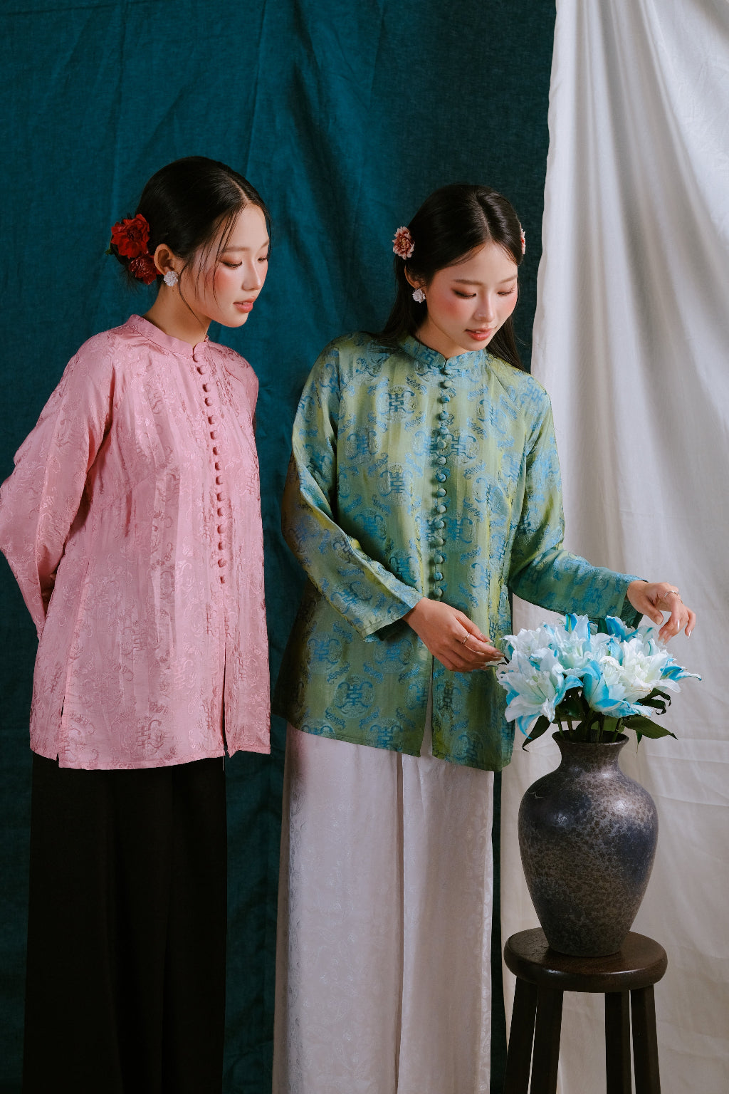 Vietnamese Ao Dai - “Hong Tra Ao Ba Ba – Wormsilk Top in Soft Blossom Pink - styled presentation in pink by Moc