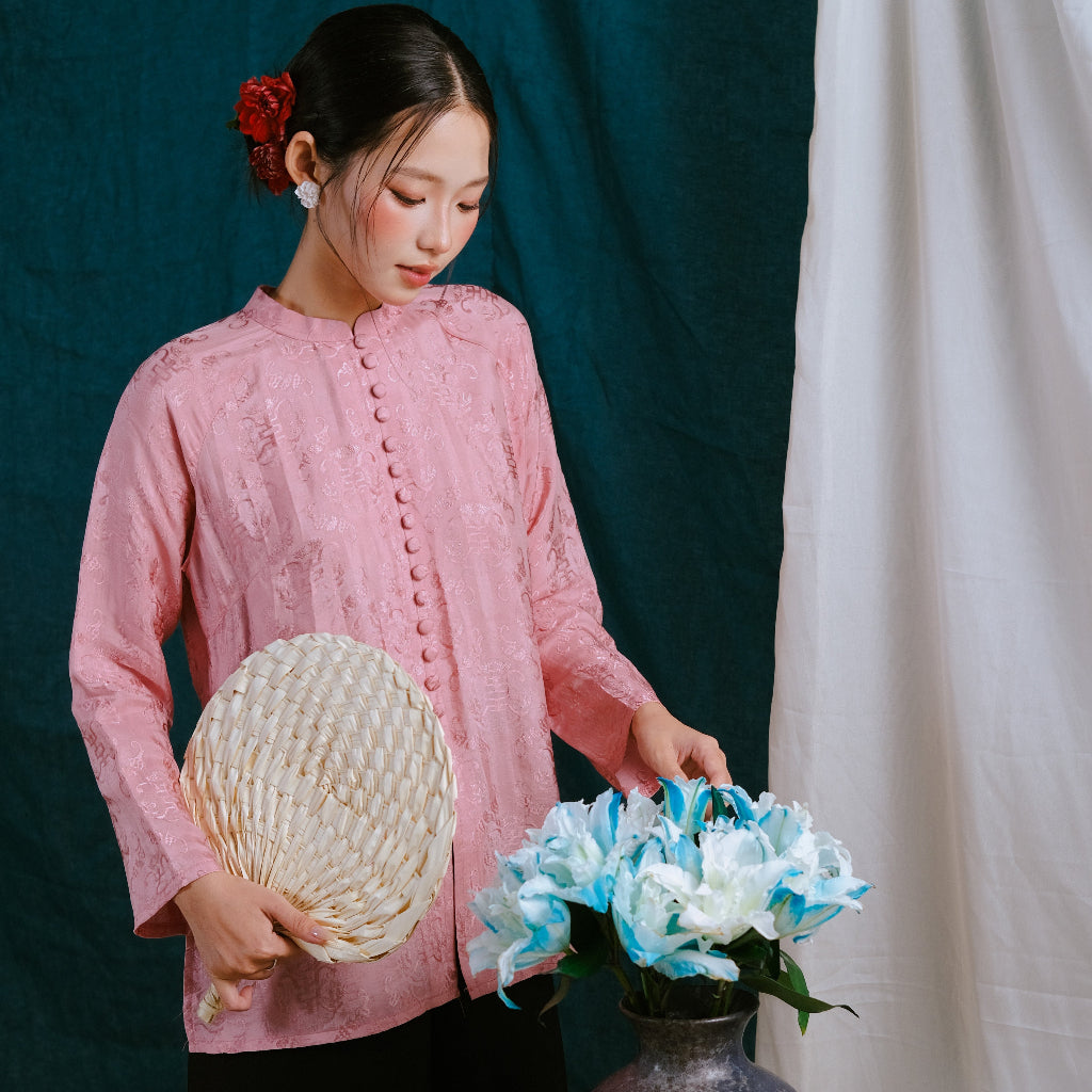 Vietnamese Ao Dai - “Hong Tra Ao Ba Ba – Wormsilk Top in Soft Blossom Pink - front view in brocade in pink by Moc
