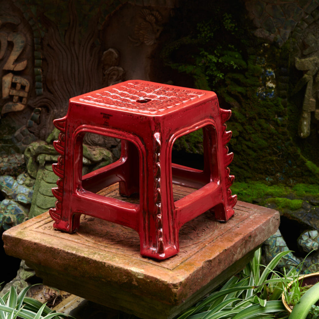"Bat Trang Ceramics Dragon Street red ceramic stool, traditional Vietnamese design"