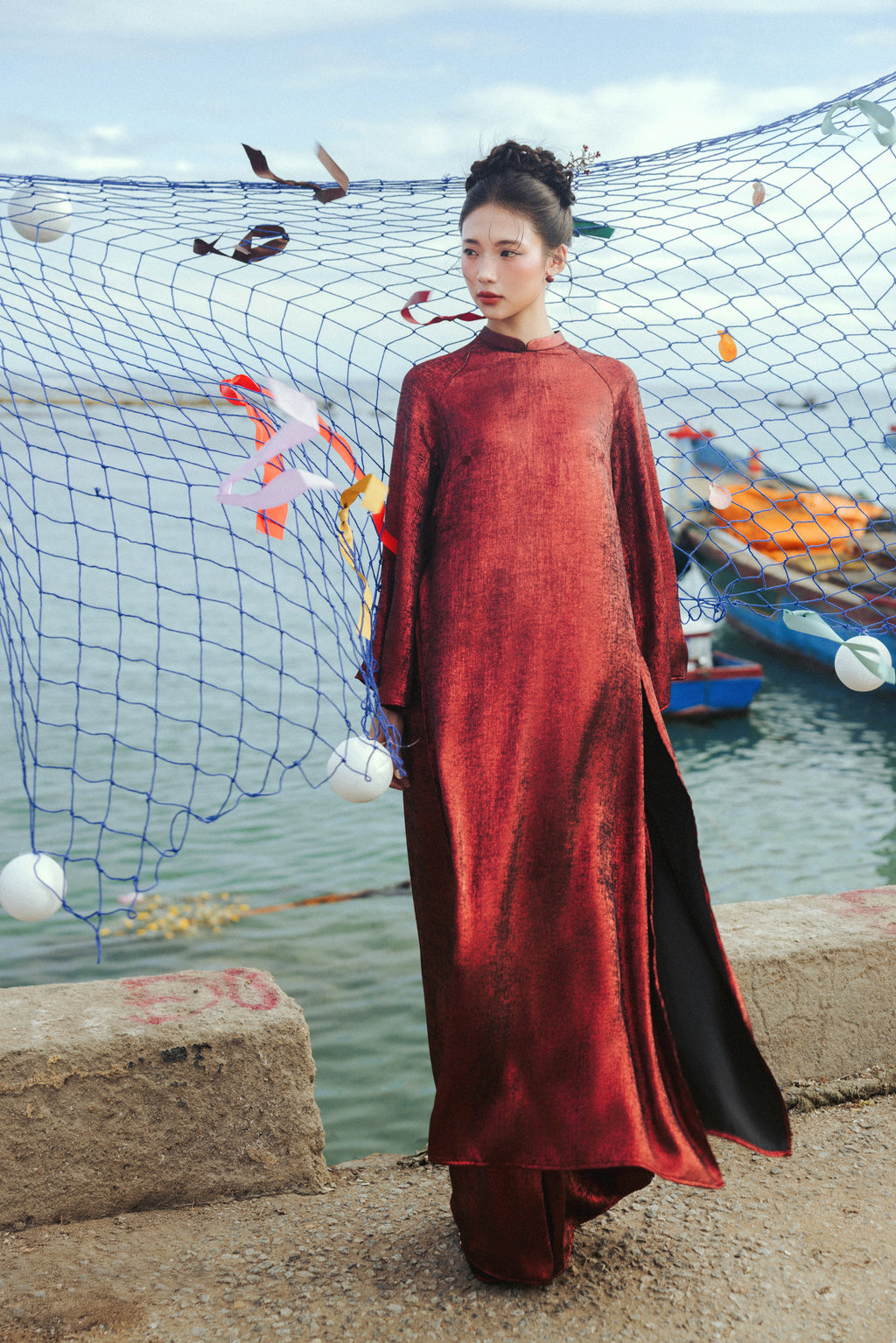 "Xich Vu" Ao Dai Set in Metallic Crimson