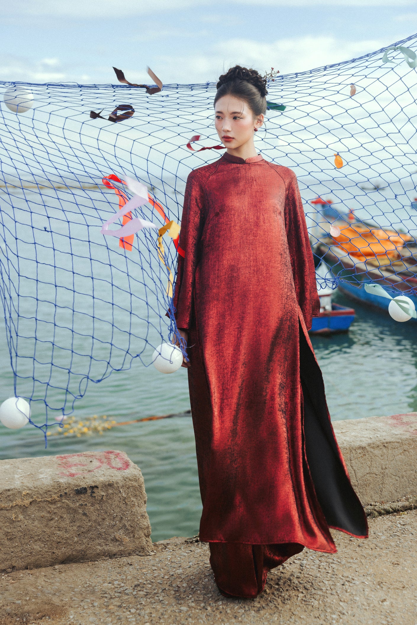 Vietnamese Ao Dai - Xich Vu Ao Dai Set in Metallic Crimson - front view in velvet in red by Moc