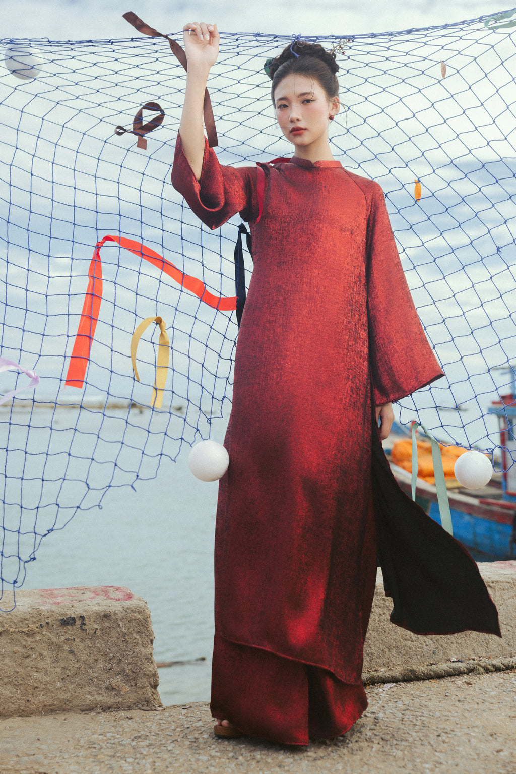 "Xich Vu" Ao Dai Set in Metallic Crimson
