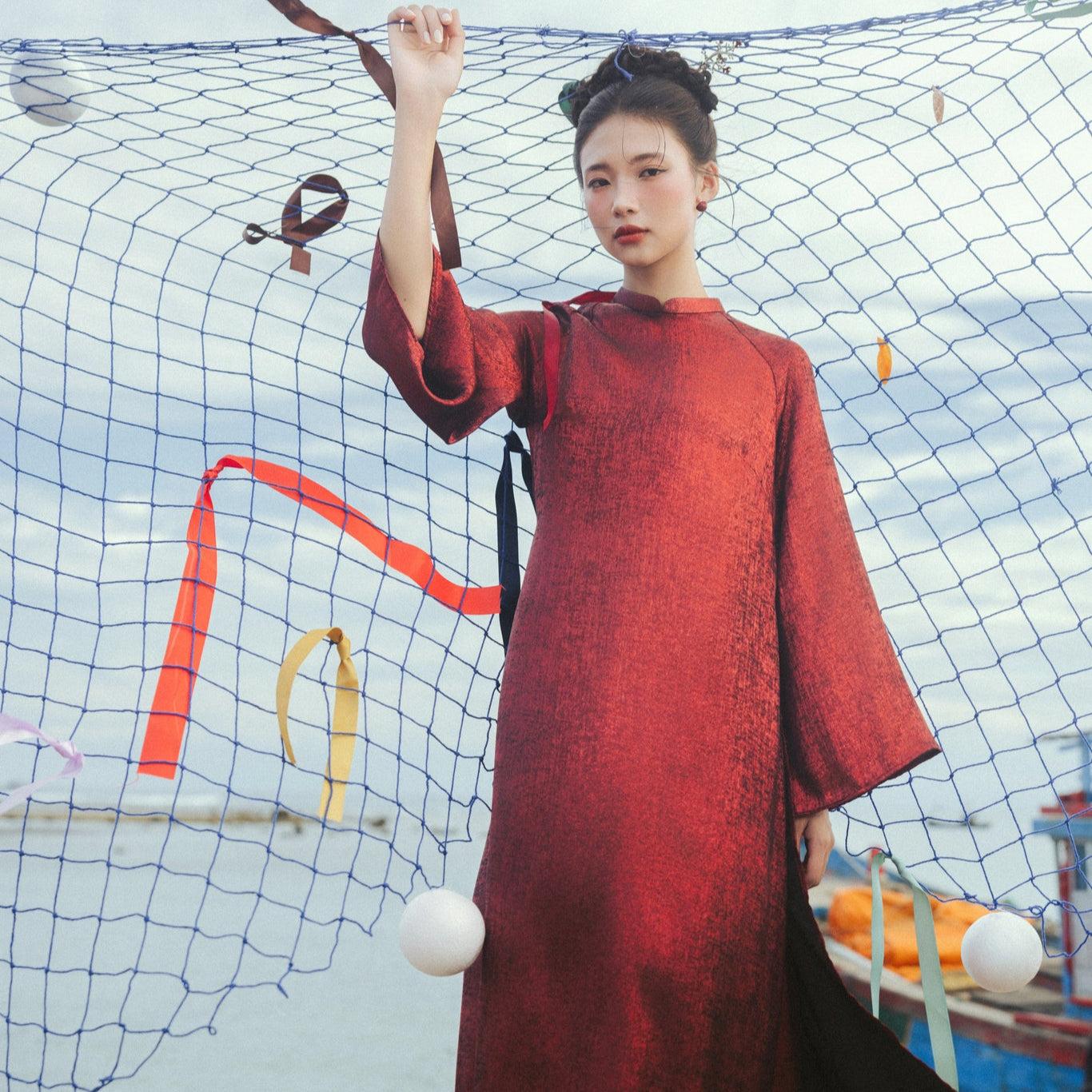 Xich Vu" Ao Dai Set in Metallic Crimson - Back view - L'Orient Haus collection